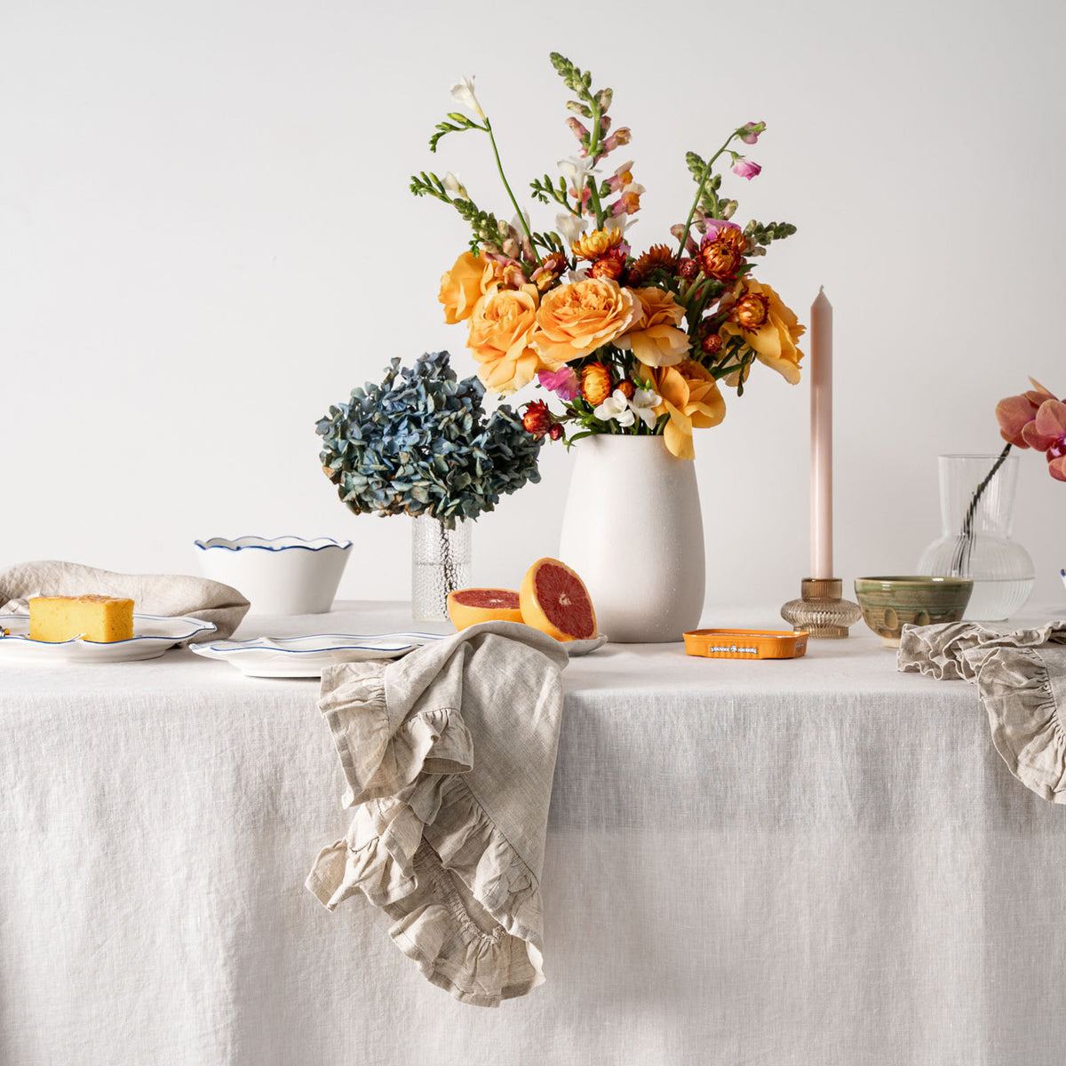 White Linen Table Cloth with Ruffles