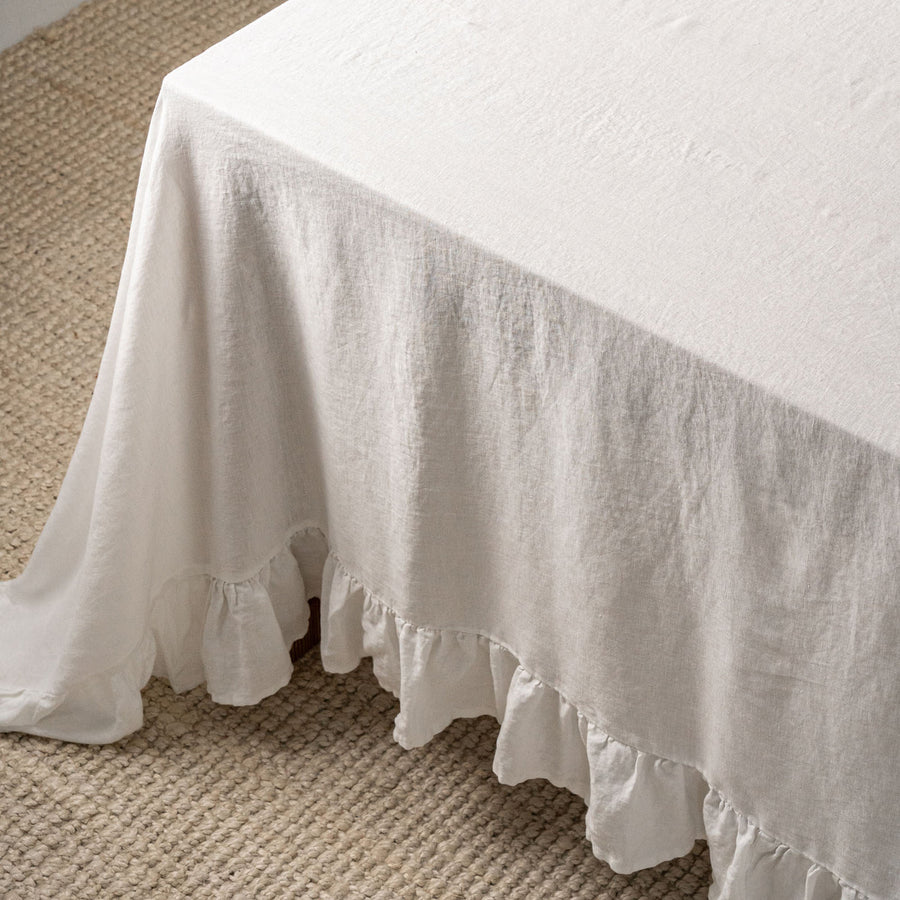 White Linen Table Cloth with Ruffles styled for Sunday lunch