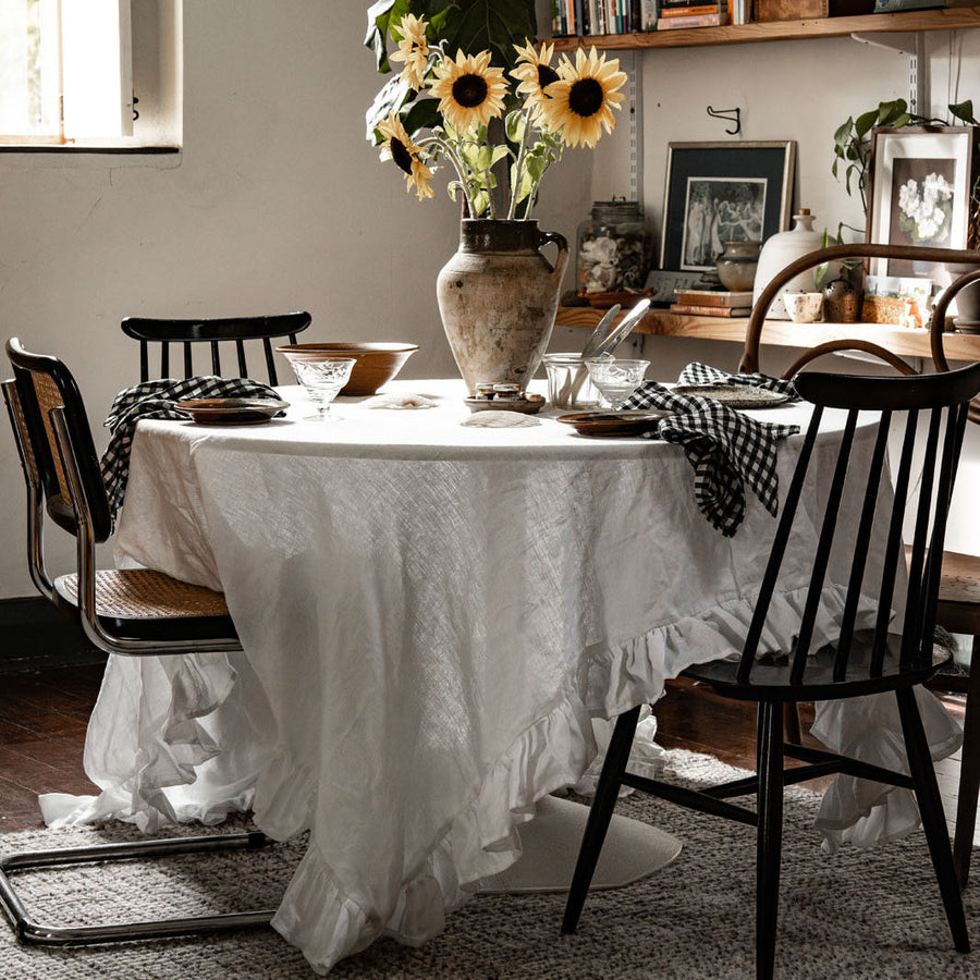 White Linen Table Cloth with Ruffles styled for breakfast