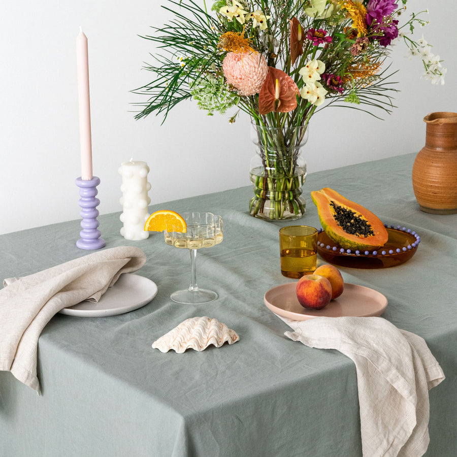 Dusty Mint Linen Table Cloth styled for Sunday lunch