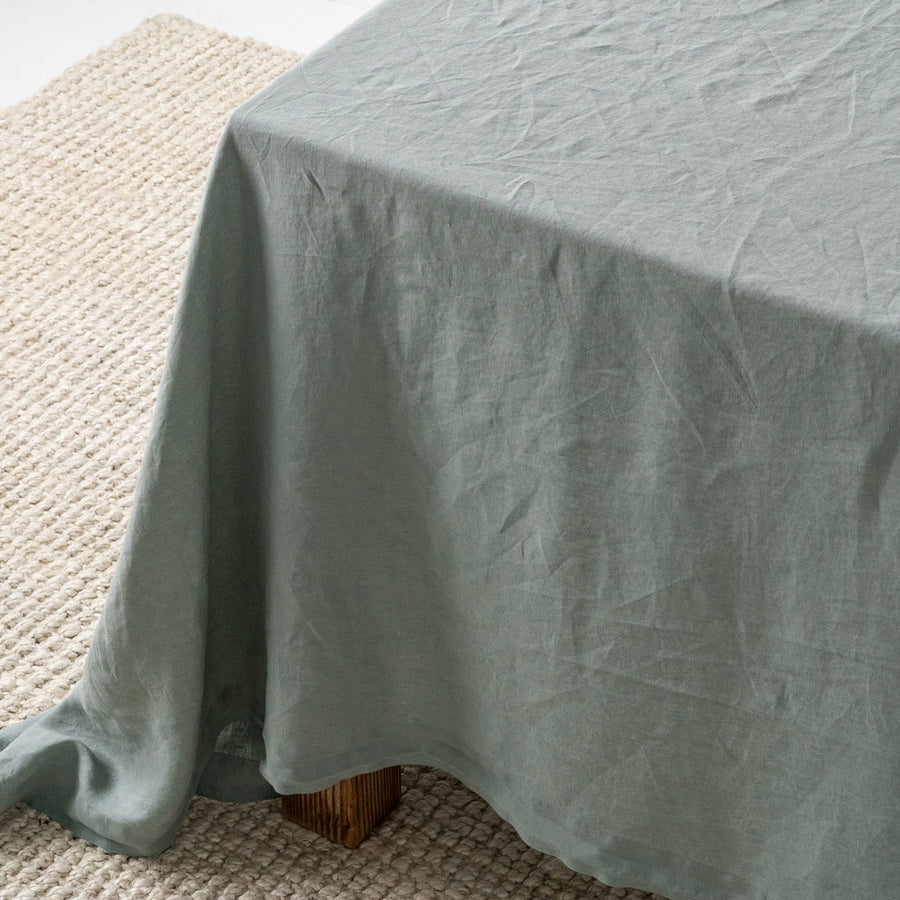 Dusty Mint Linen Table Cloth styled for a quiet dinner