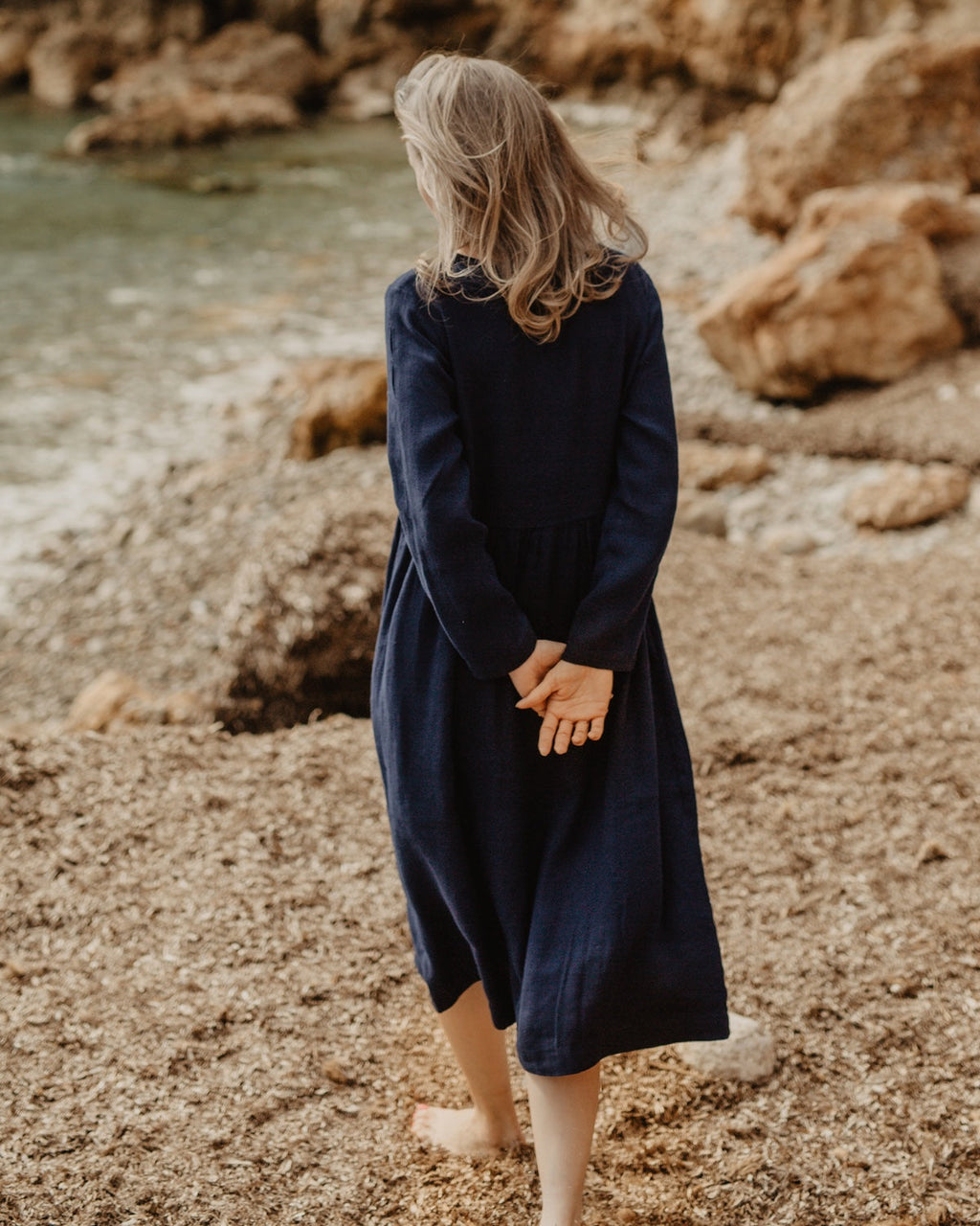 Navy Blue Linen Long Sleeve Midi Dress