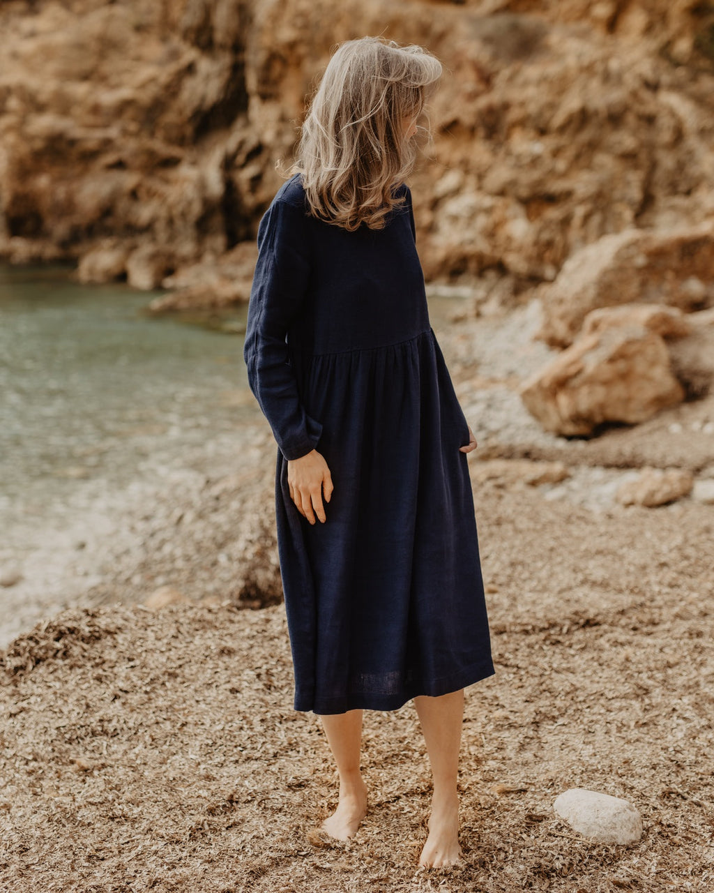 Navy Blue Linen Long Sleeve Midi Dress