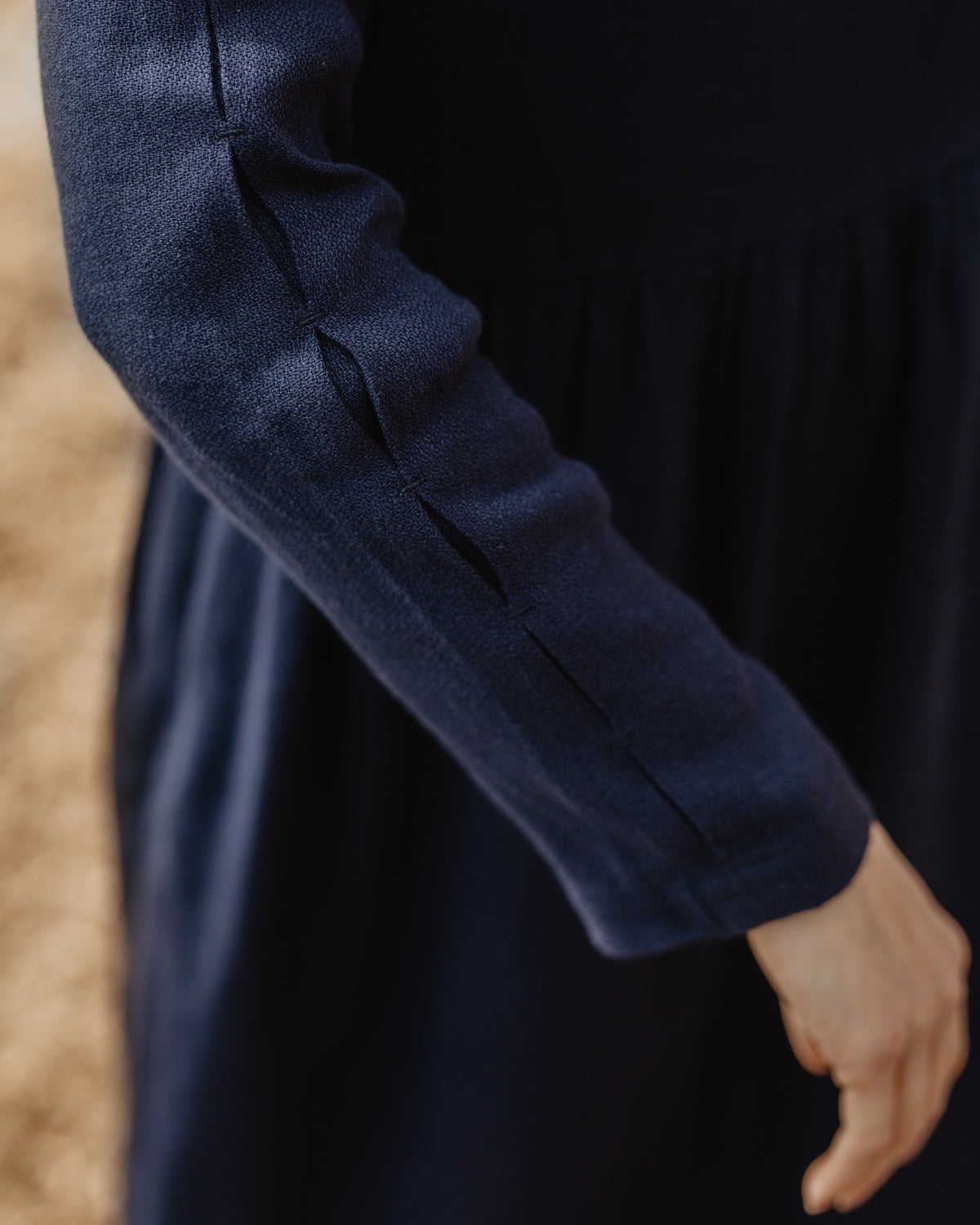 Navy Blue Linen Long Sleeve Midi Dress