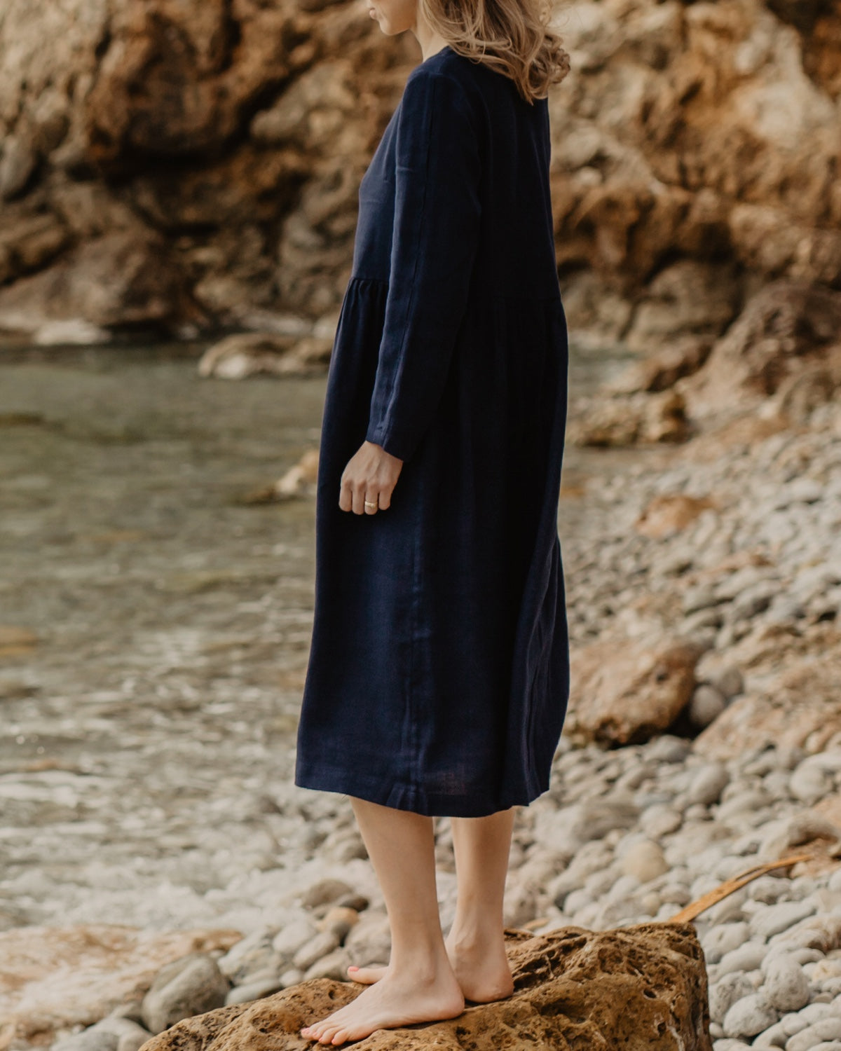 Navy Blue Linen Long Sleeve Midi Dress