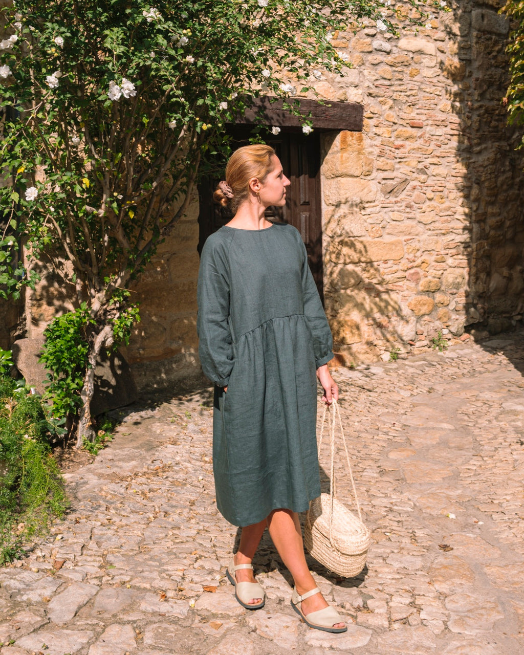 Olive Green Linen Midi Dress with Long Sleeves
