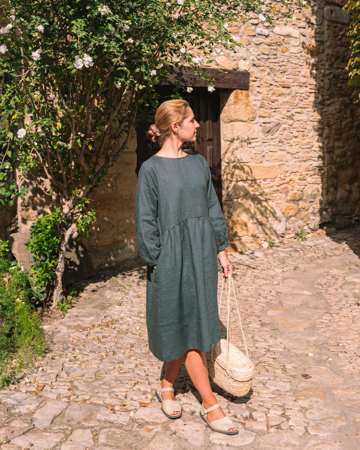 Olive Green Linen Midi Dress with Long Sleeves