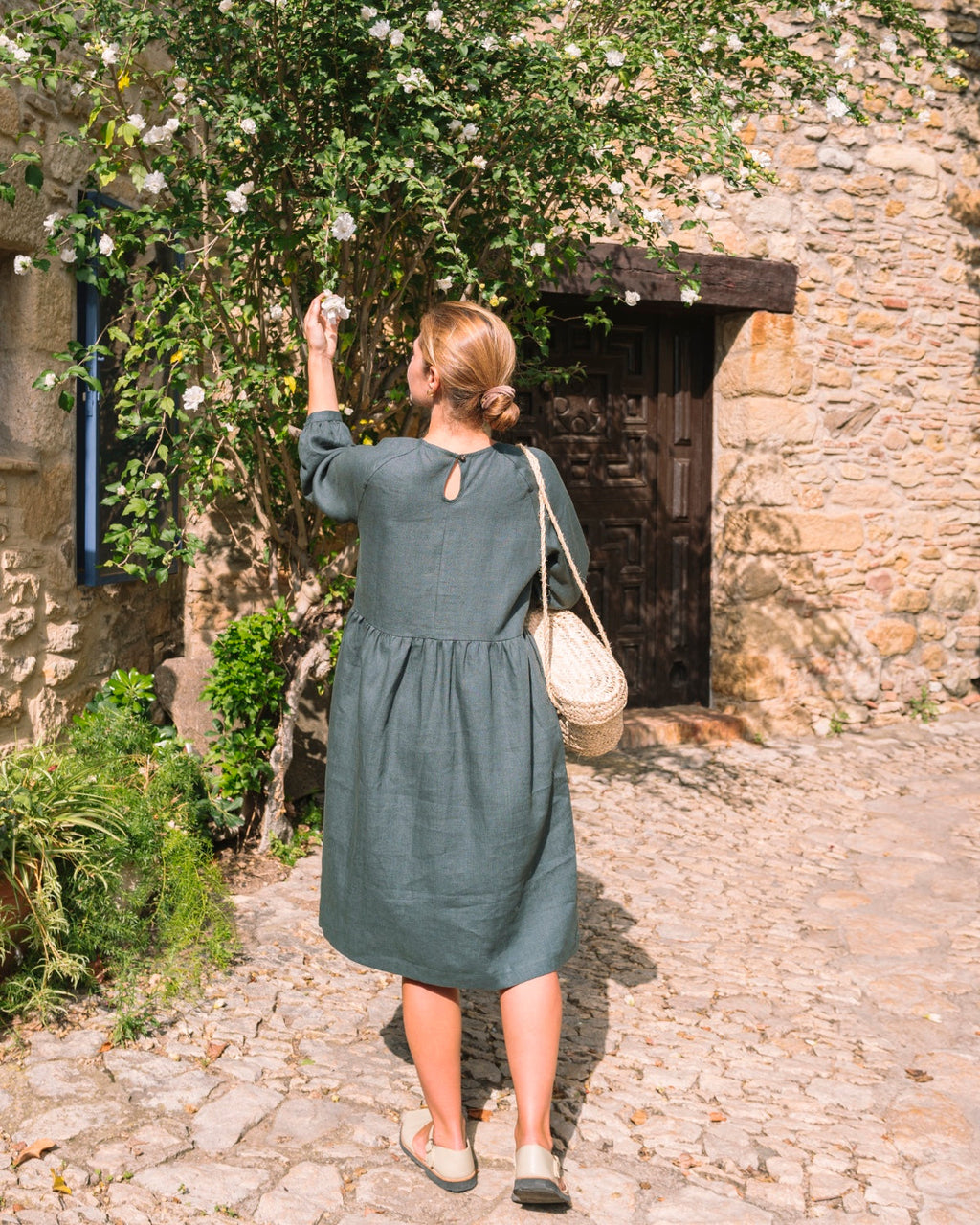 Olive Green Linen Midi Dress with Long Sleeves