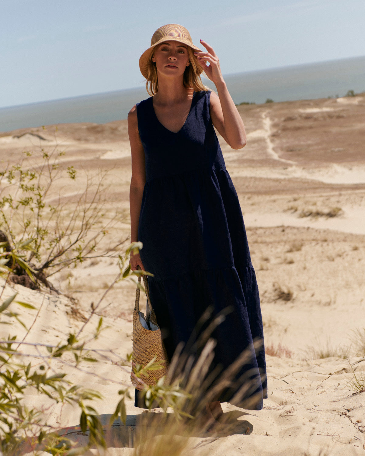 Navy Blue Linen Tiered Maxi Dress