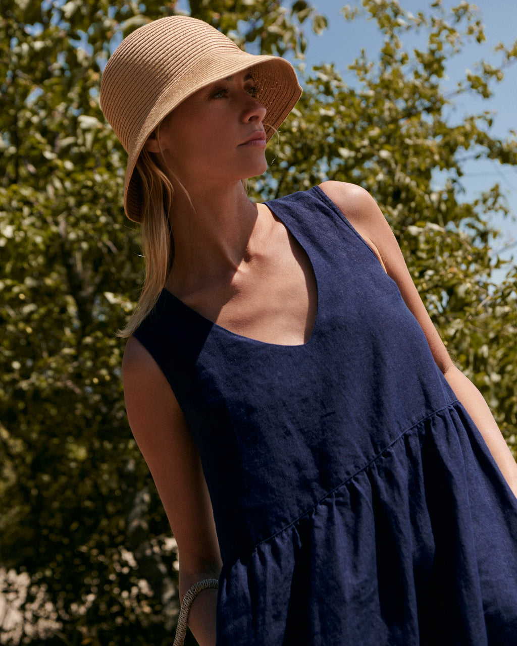 Navy Blue Linen Tiered Maxi Dress