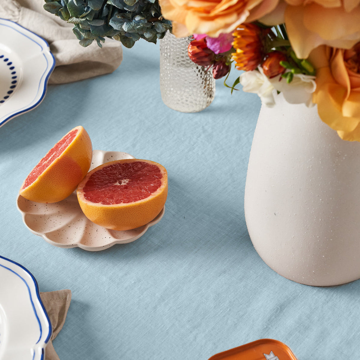 Dusty Blue Linen Table Cloth with Ruffles