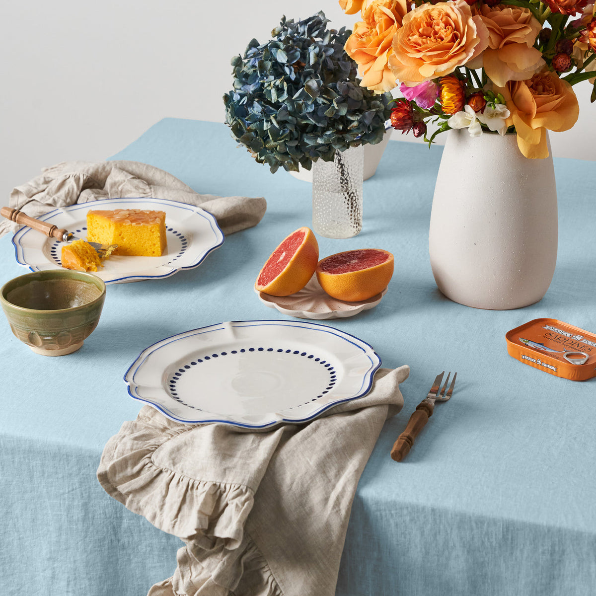 Dusty Blue Linen Table Cloth with Ruffles
