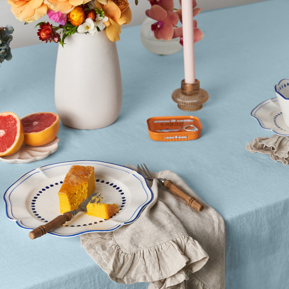 Dusty Blue Linen Table Cloth with Ruffles