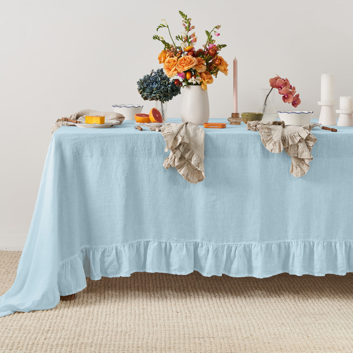 Dusty Blue Linen Table Cloth with Ruffles