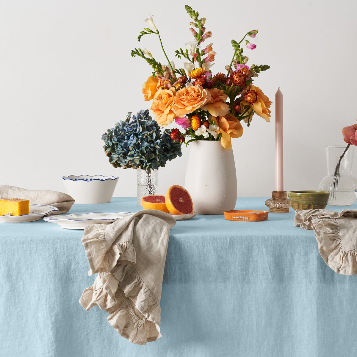 Dusty Blue Linen Table Cloth with Ruffles