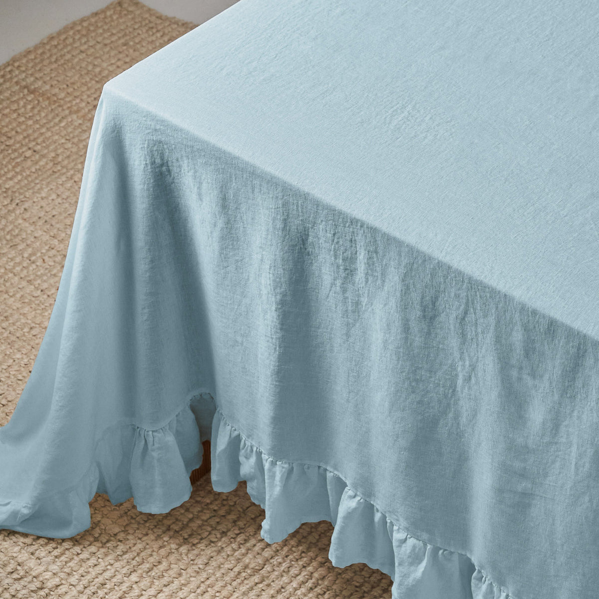 Dusty Blue Linen Table Cloth with Ruffles