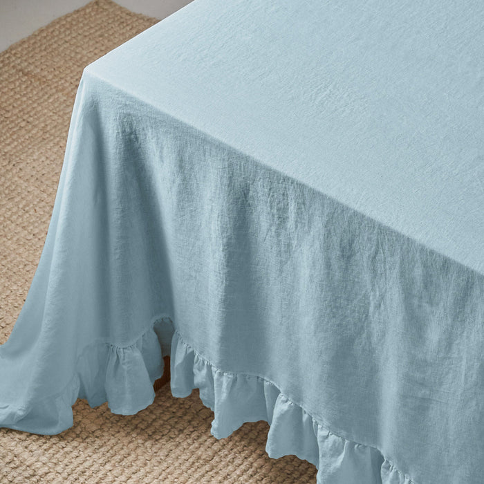 Dusty Blue Linen Table Cloth with Ruffles