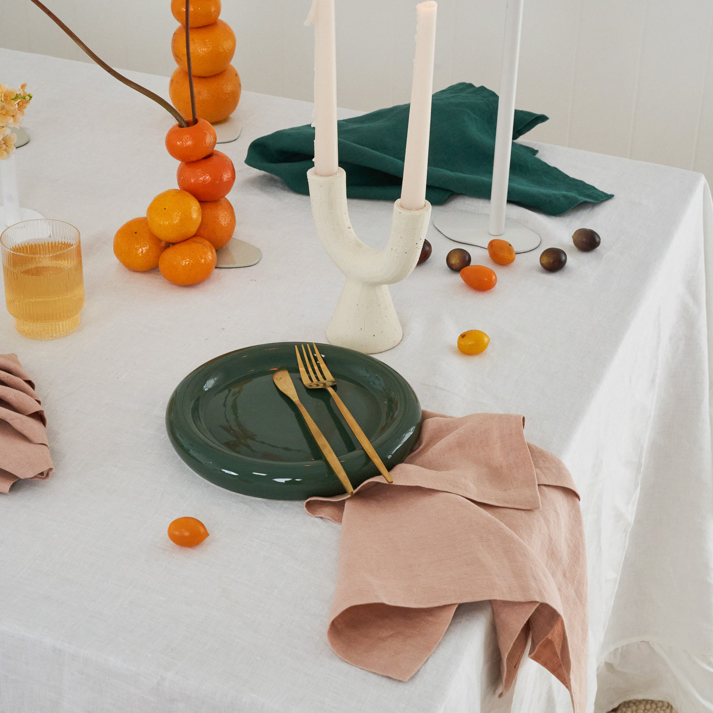 Ensemble de serviettes en lin pêche et vert