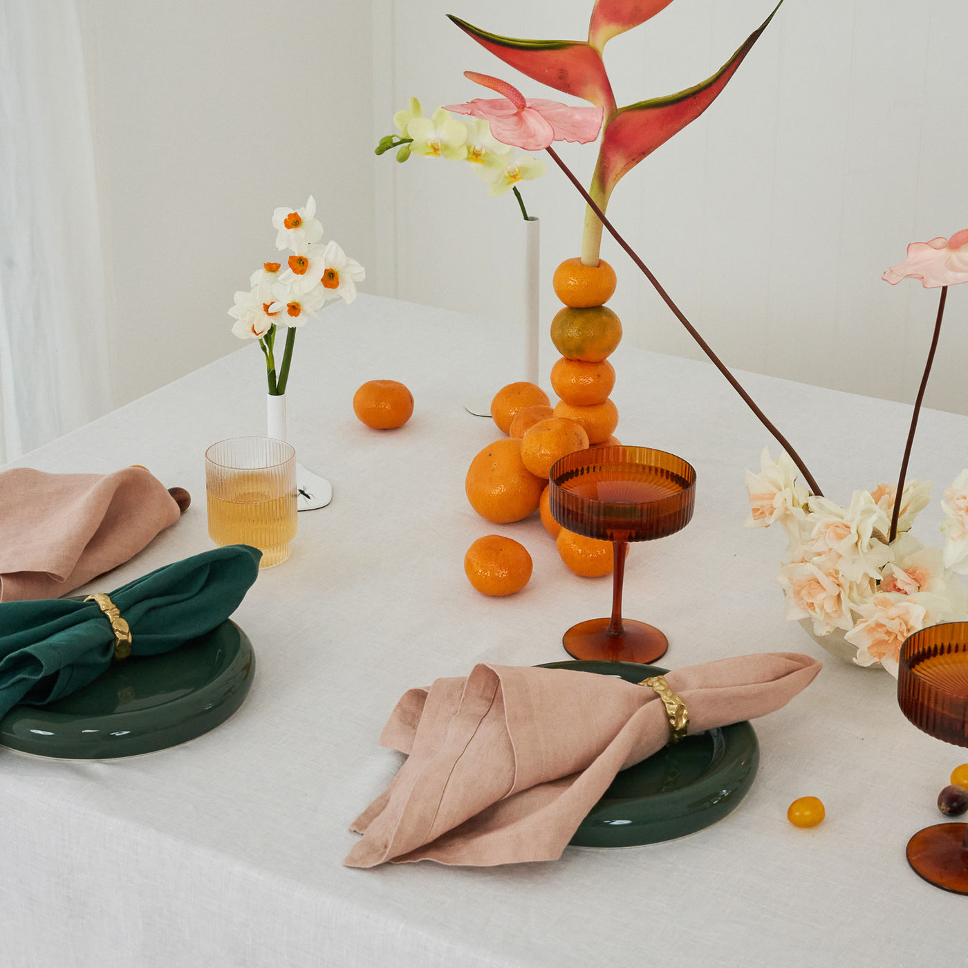 100% Linen Napkin Set Peach & Green