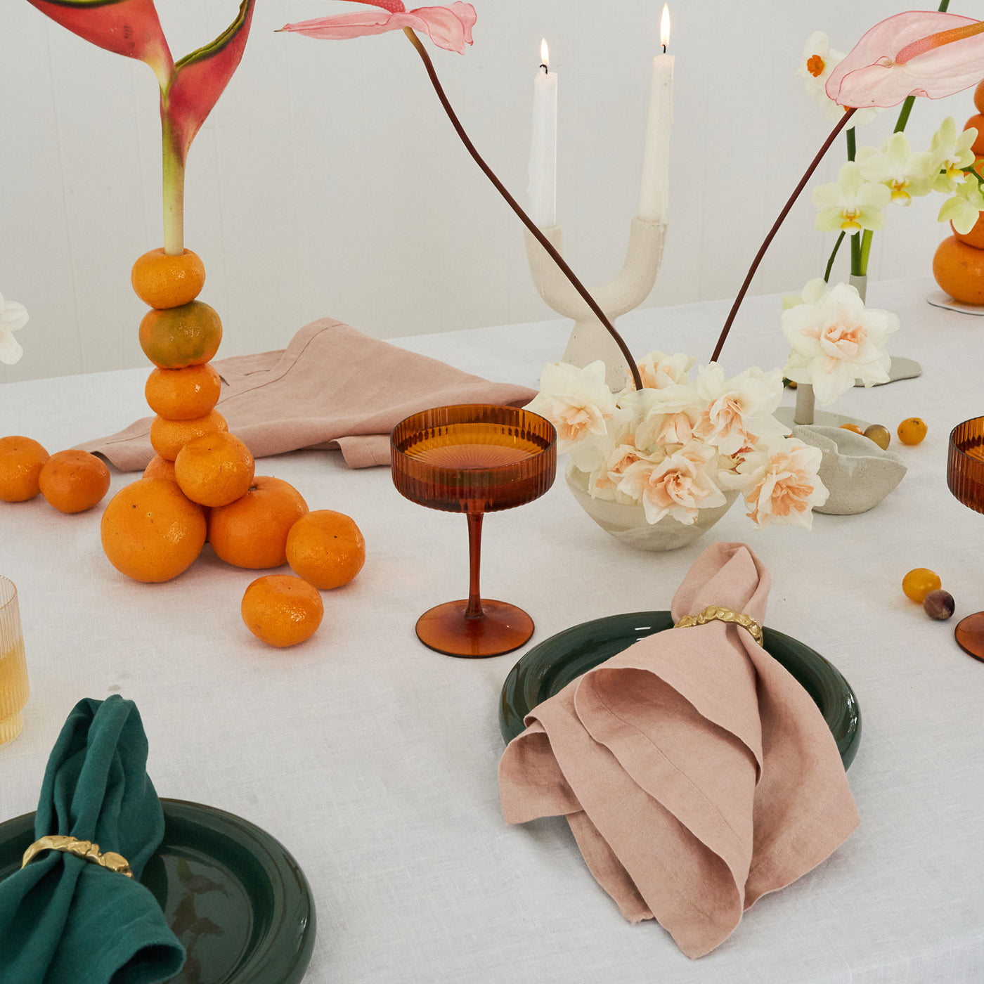 100% Linen Napkin Set Peach & Green