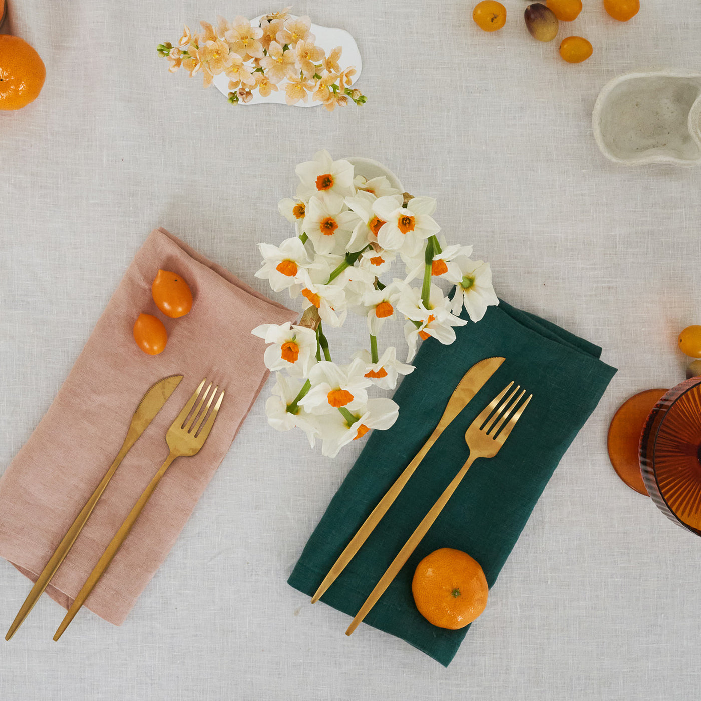 100% Linen Napkin Set Peach & Green