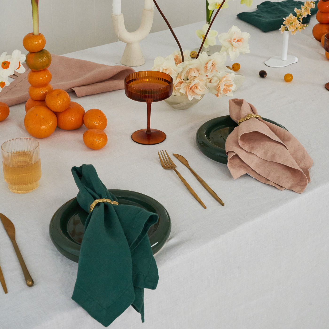 Ensemble de serviettes en lin pêche et vert