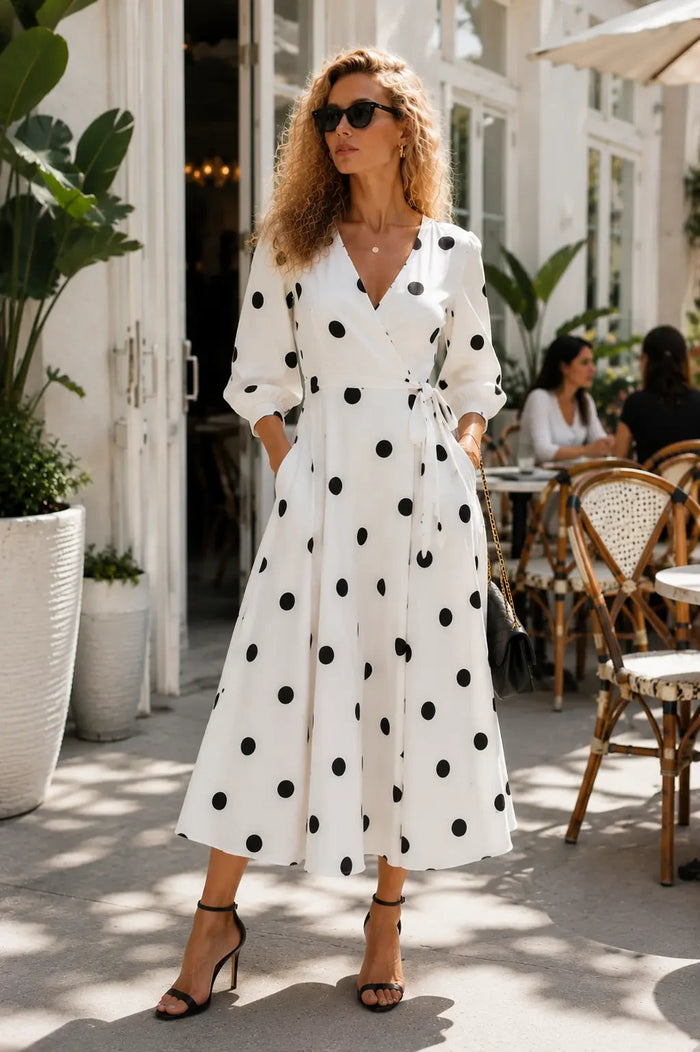 Bari White Black Polka Dot Linen Wrap Midi Dress