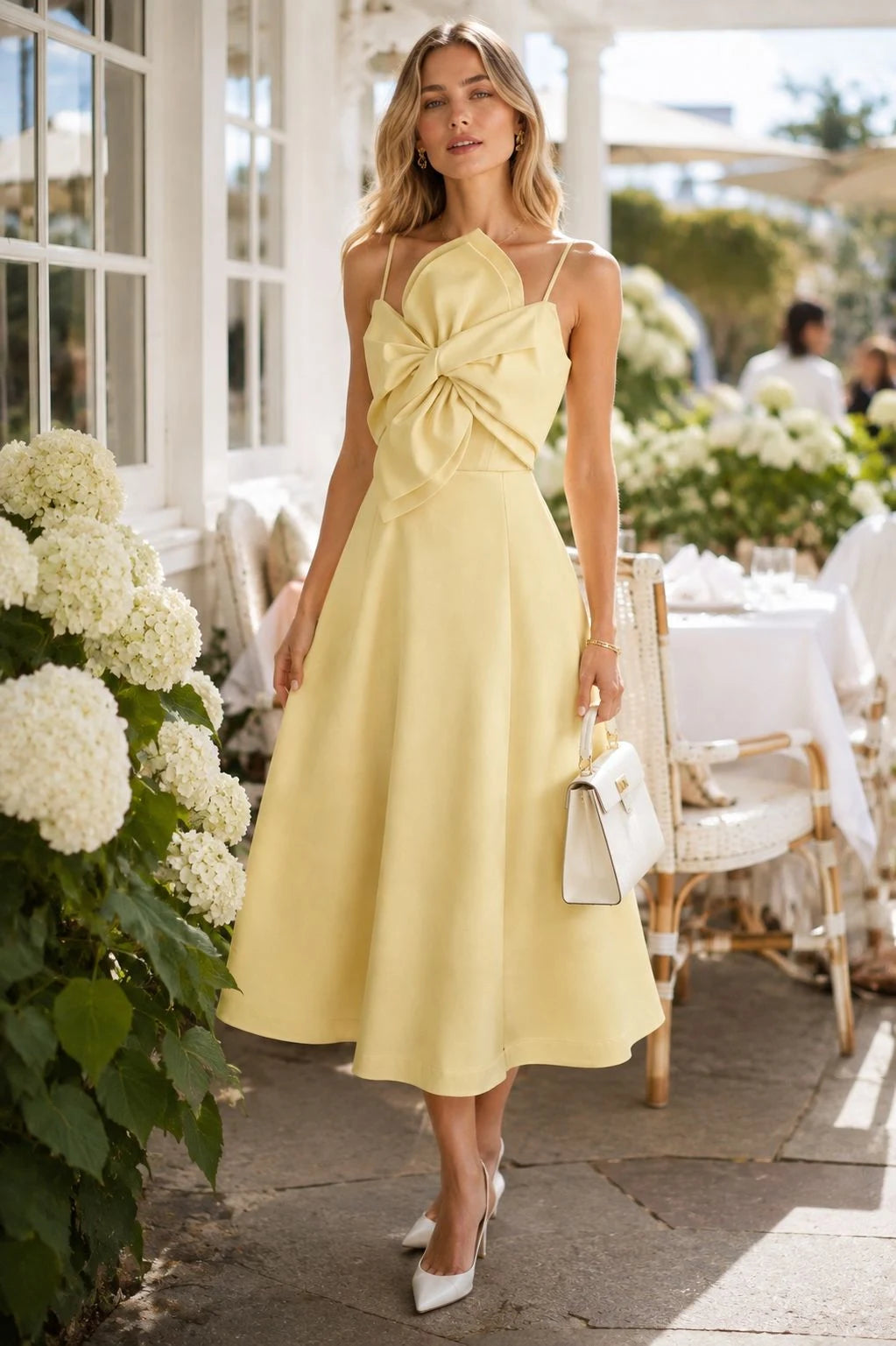 Banana Yellow Crepe Bow-Front Midi Dress