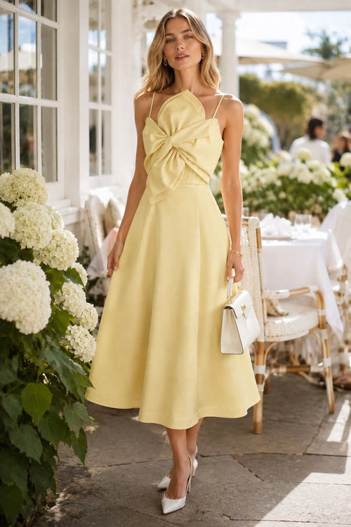 Banana Yellow Crepe Bow-Front Midi Dress