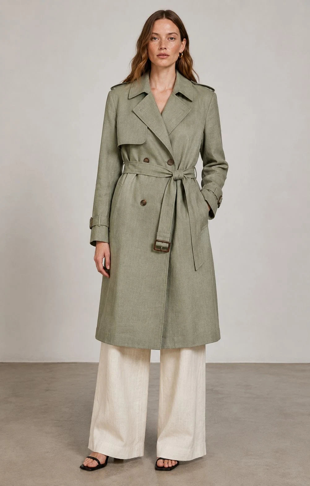 Sagebrush Linen Double-Breasted Trench Coat