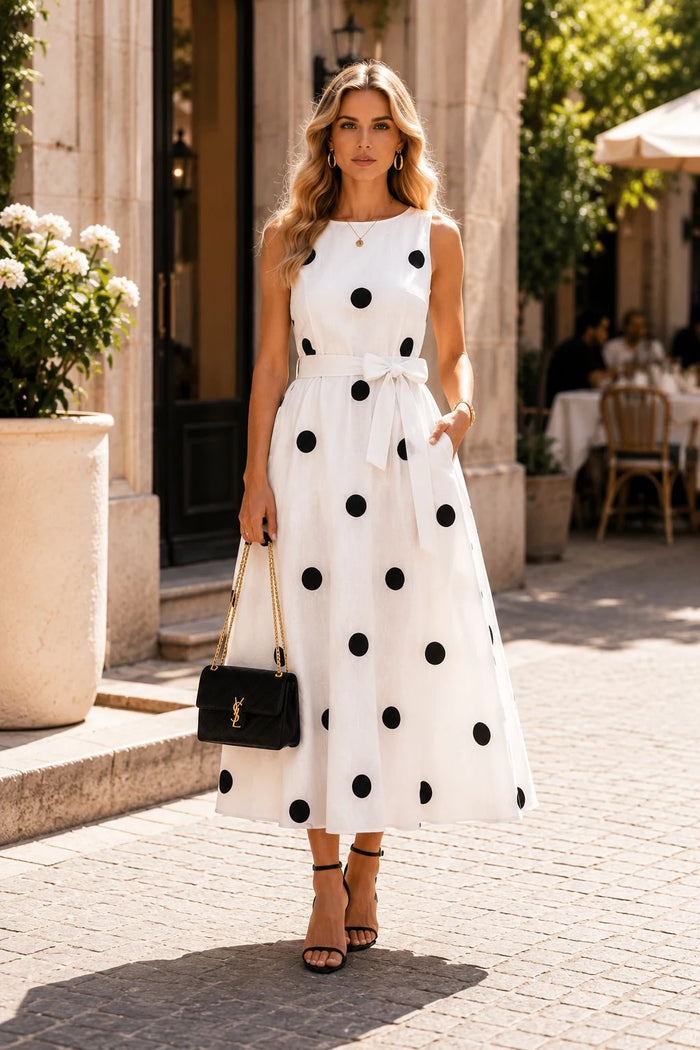 White Black Polka Dot Linen Midi Dress