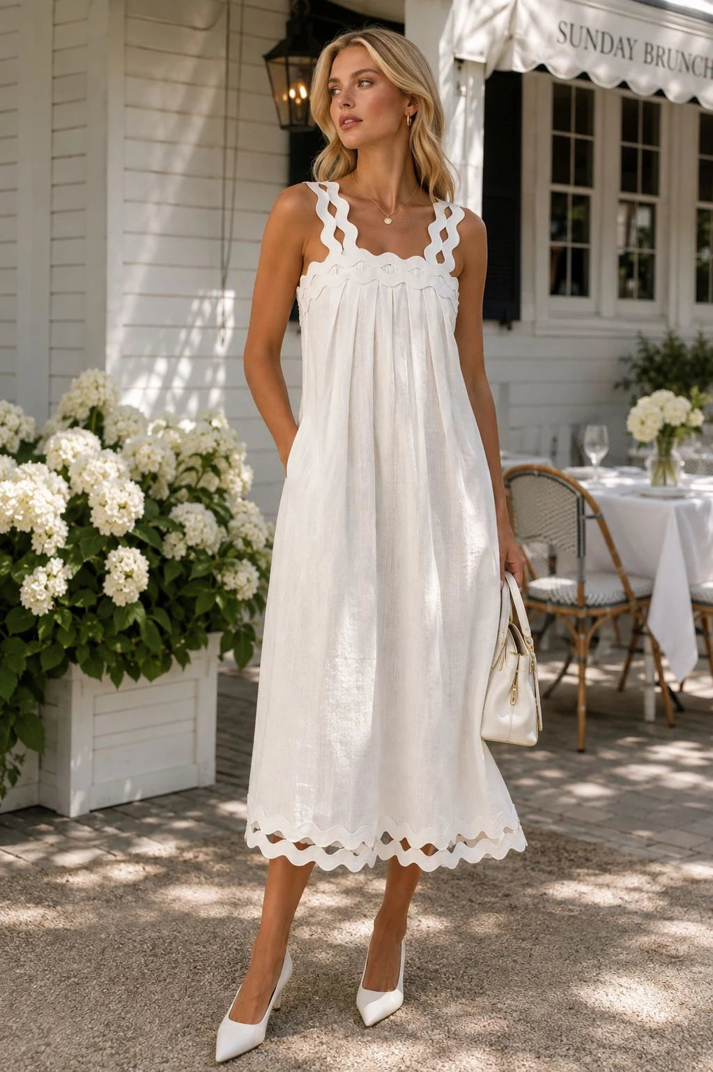 Adige Linen Scallop-Trim Midi Dress