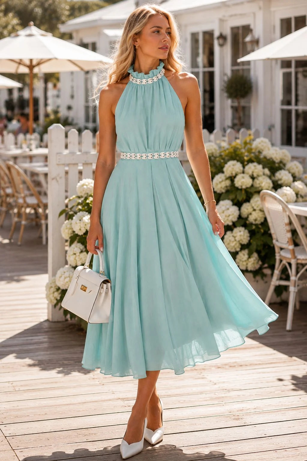Aqua Blue Crepe Halter Midi Dress