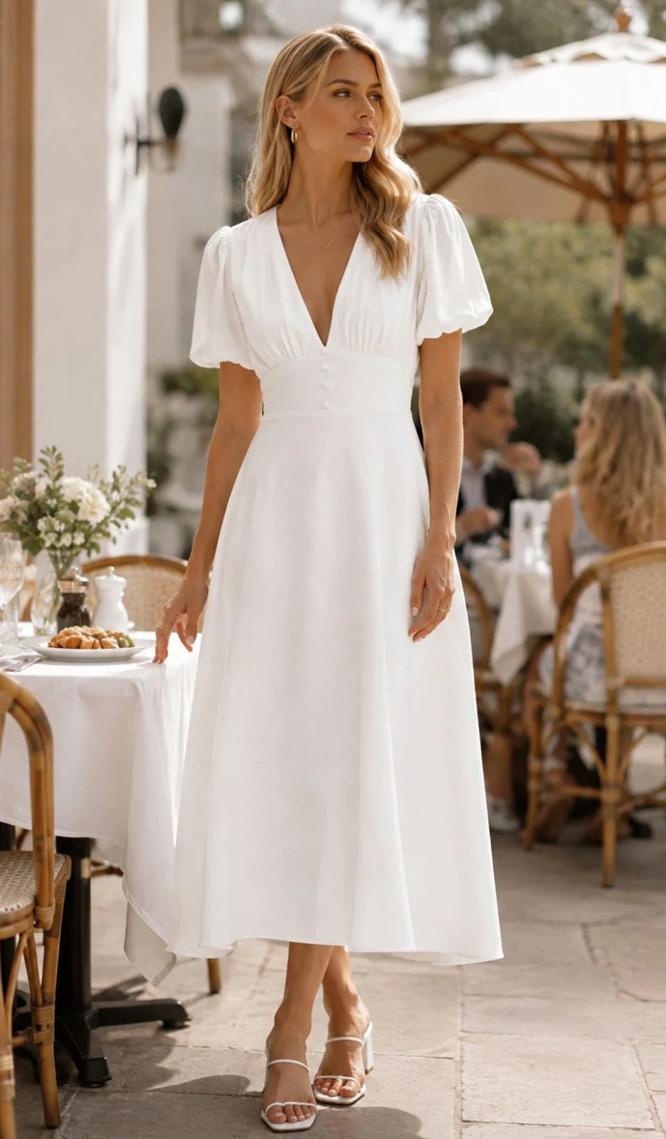 White Crepe Midi Dress with Puff Sleeves & V-Neckline