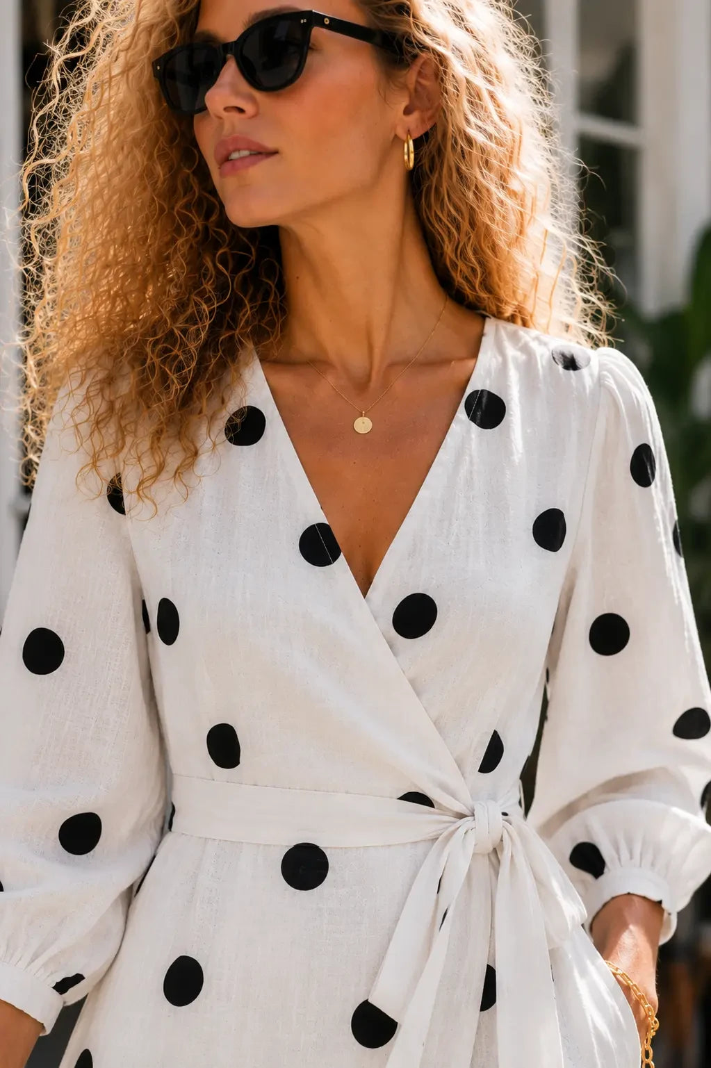 Bari White Black Polka Dot Linen Wrap Midi Dress