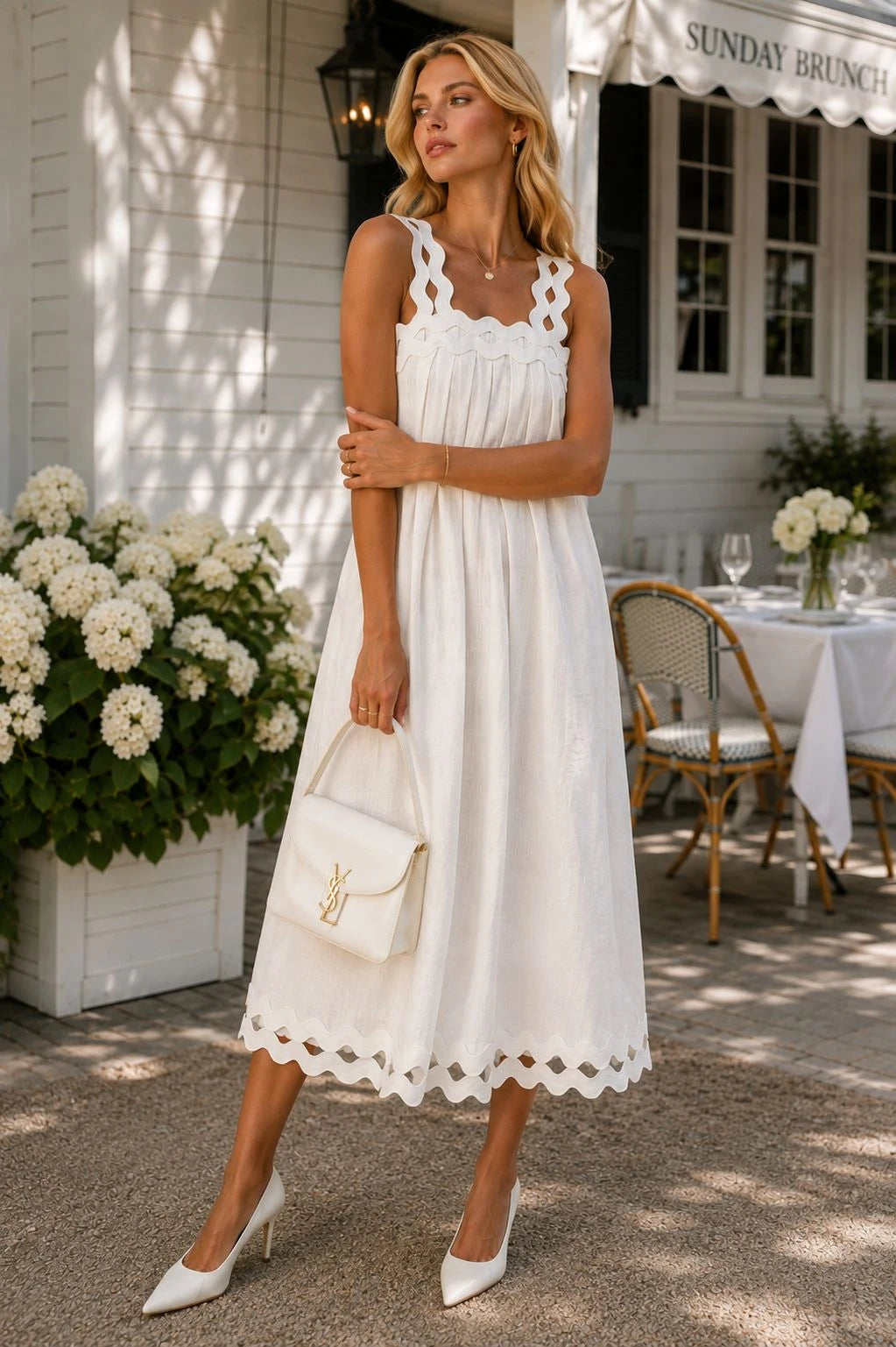 Adige Linen Scallop-Trim Midi Dress