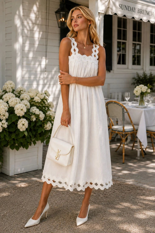 Adige Linen Scallop-Trim Midi Dress