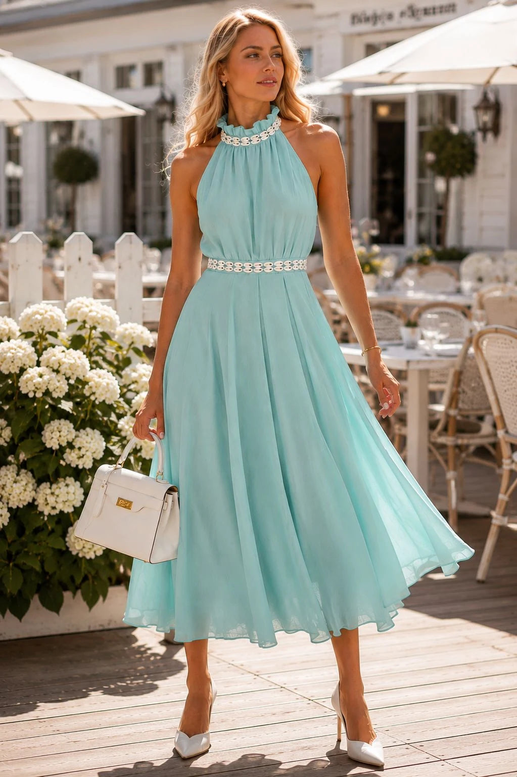 Aqua Blue Crepe Halter Midi Dress