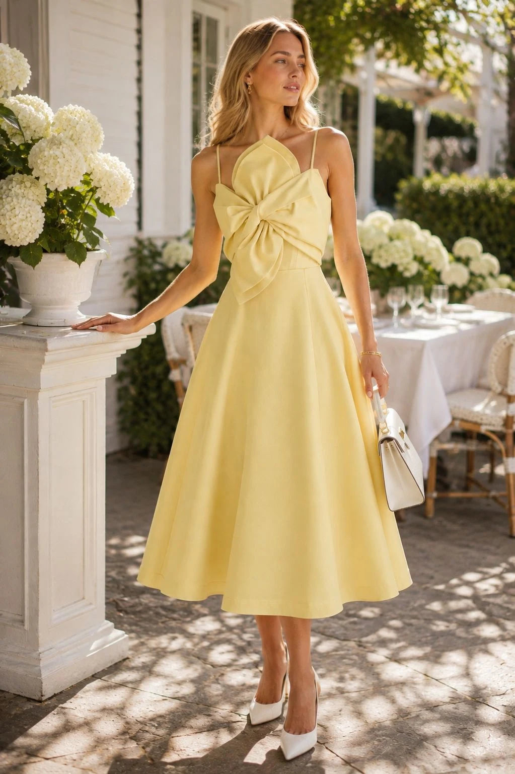 Banana Yellow Crepe Bow-Front Midi Dress