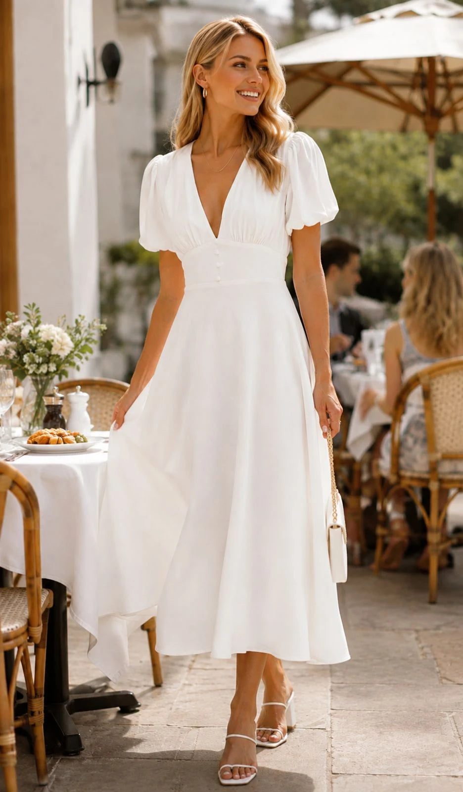 White Crepe Midi Dress with Puff Sleeves & V-Neckline