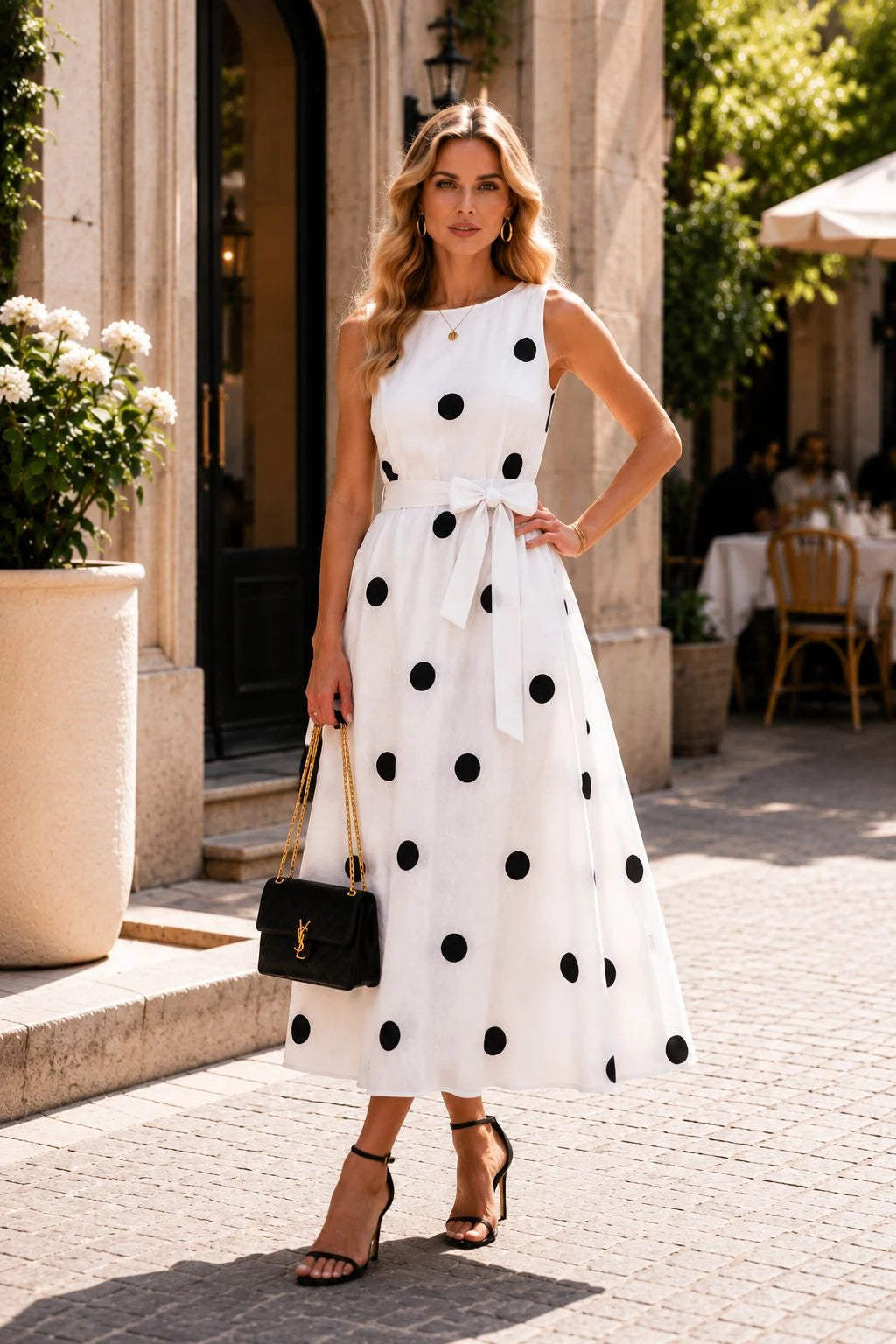 White Black Polka Dot Linen Midi Dress
