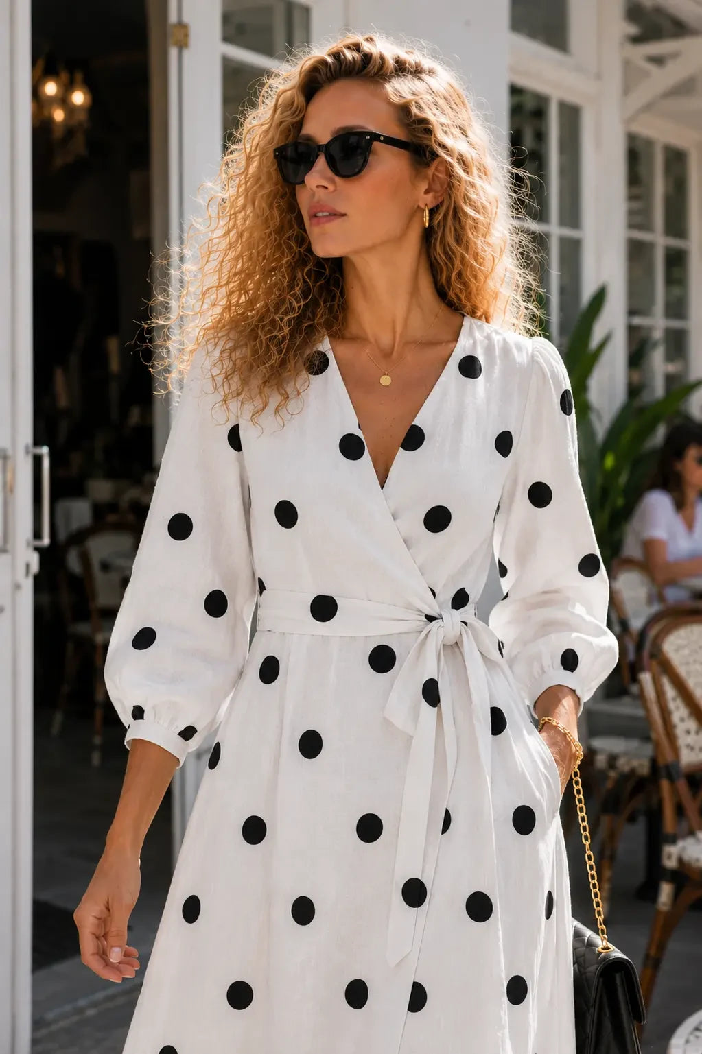 Bari White Black Polka Dot Linen Wrap Midi Dress