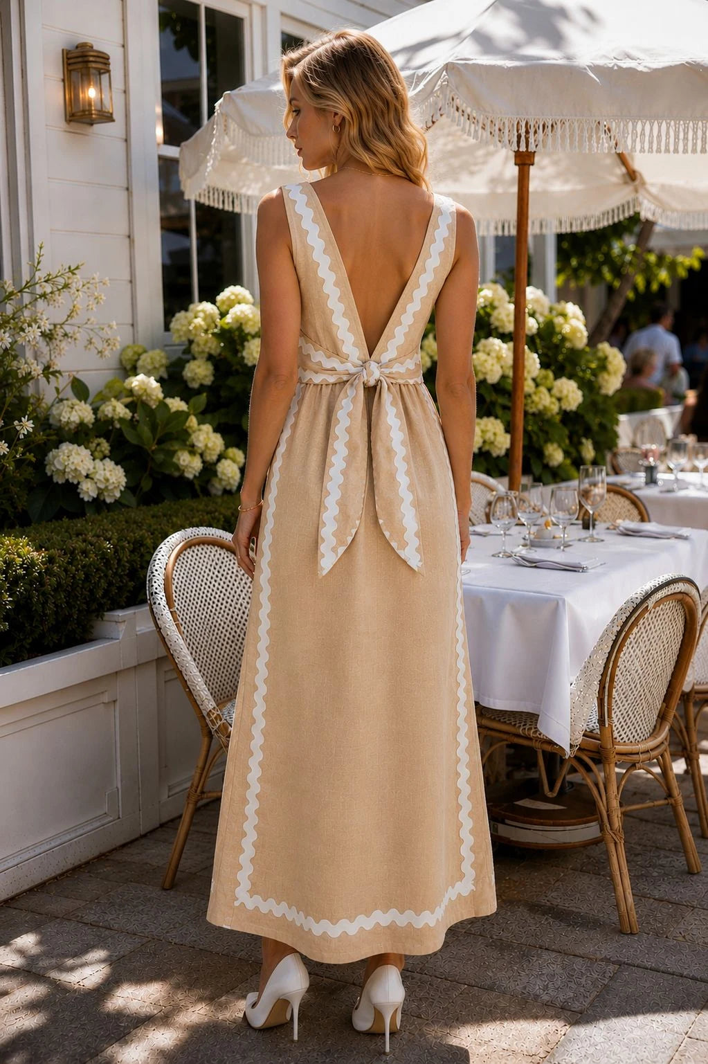 Arno Linen Ric Rac Tie-Front Maxi Dress