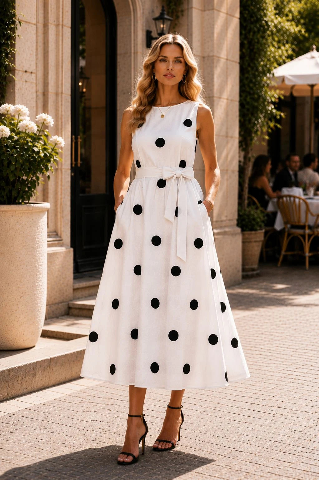 White Black Polka Dot Linen Midi Dress