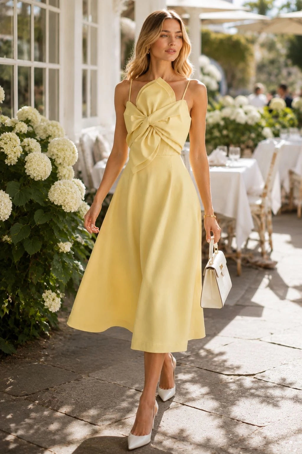 Banana Yellow Crepe Bow-Front Midi Dress