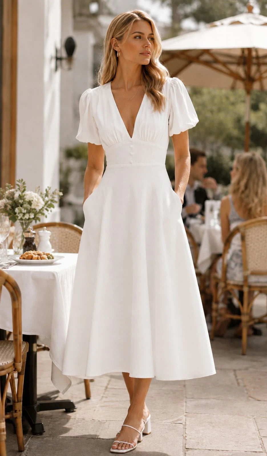 White Crepe Midi Dress with Puff Sleeves & V-Neckline