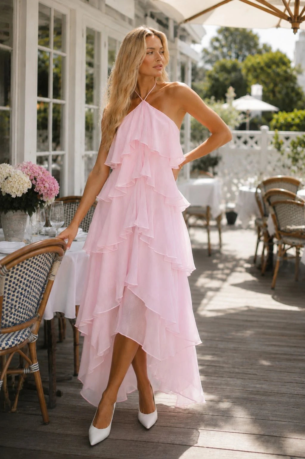 Baby Pink Chiffon Tiered Halter Maxi Dress