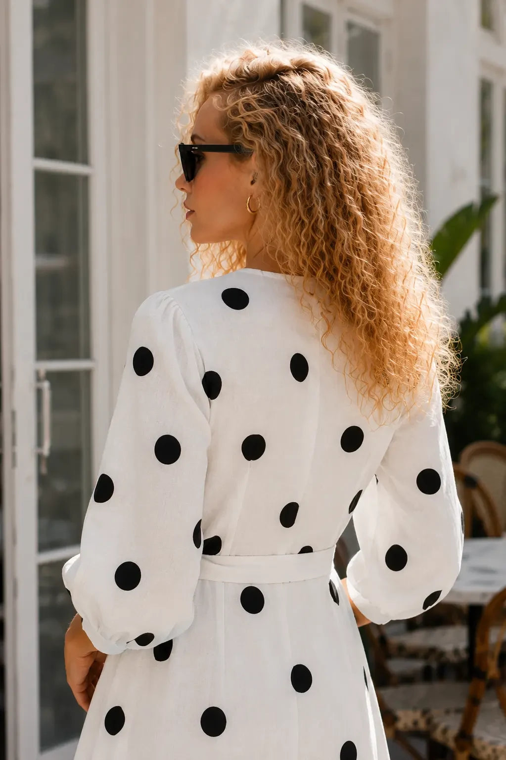 Bari White Black Polka Dot Linen Wrap Midi Dress
