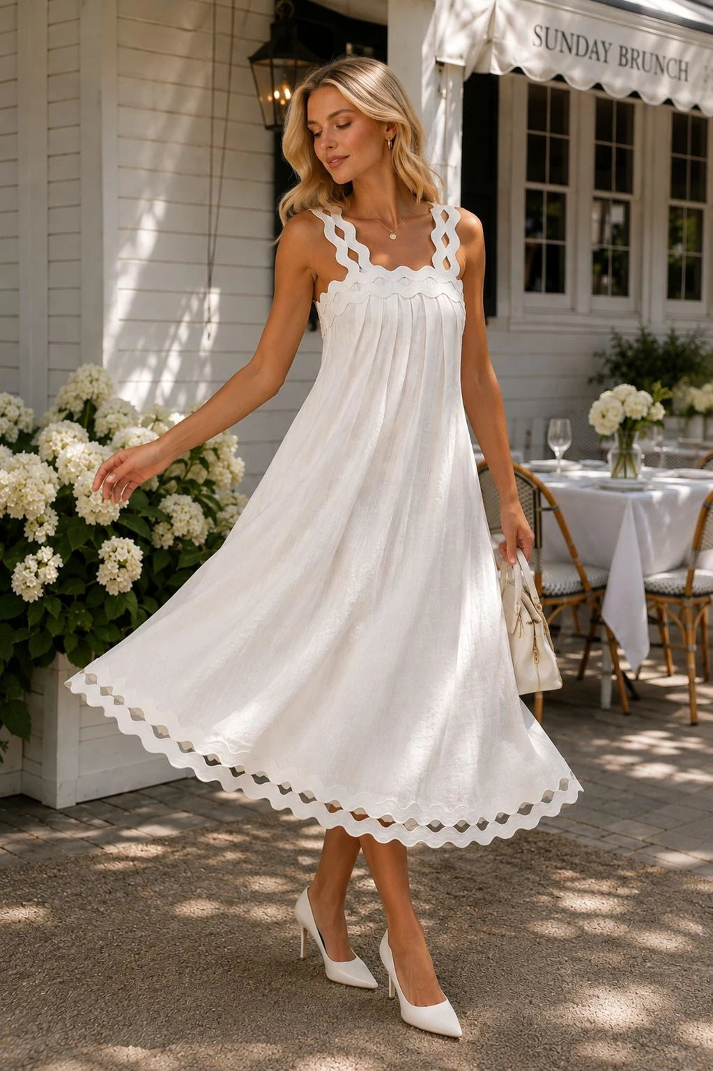 Adige Linen Scallop-Trim Midi Dress