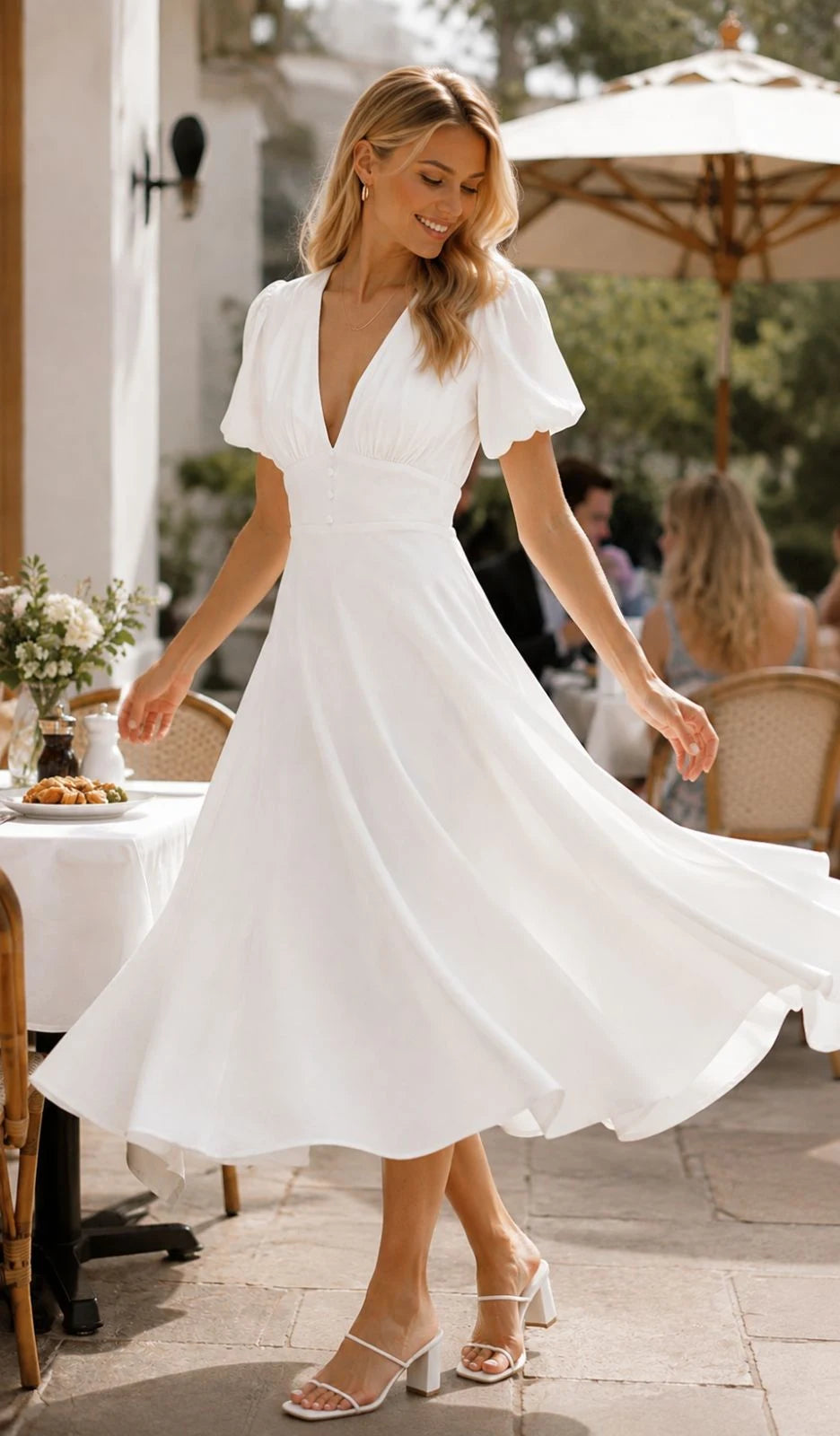 White Crepe Midi Dress with Puff Sleeves & V-Neckline